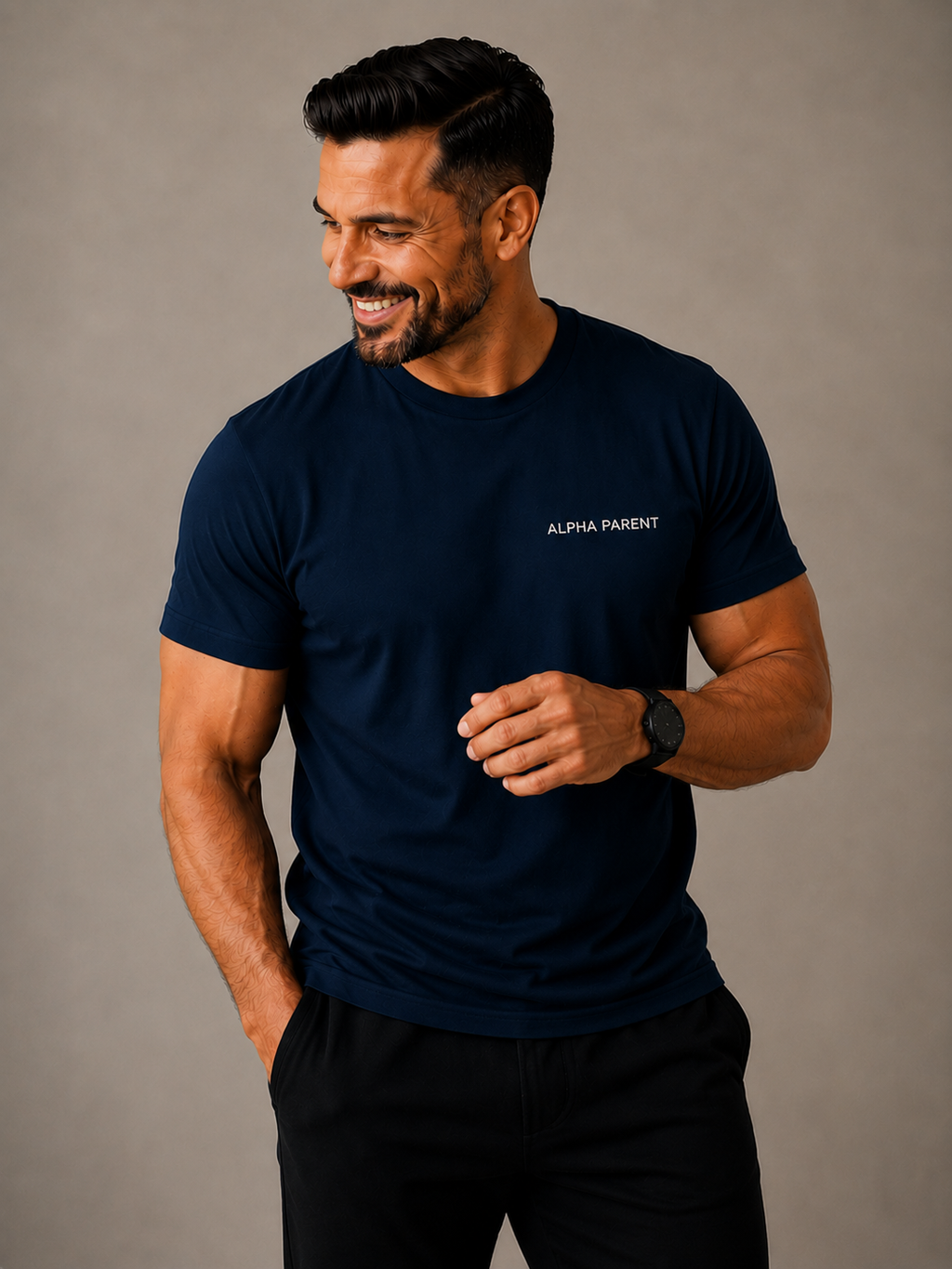 Alpha Parent Signature Tee white side view relaxed luxury fit.