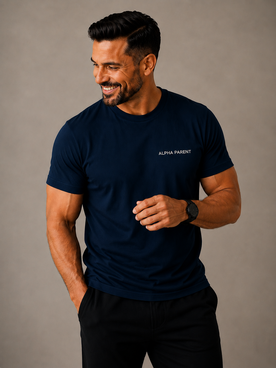 Alpha Parent Signature Tee white side view relaxed luxury fit.