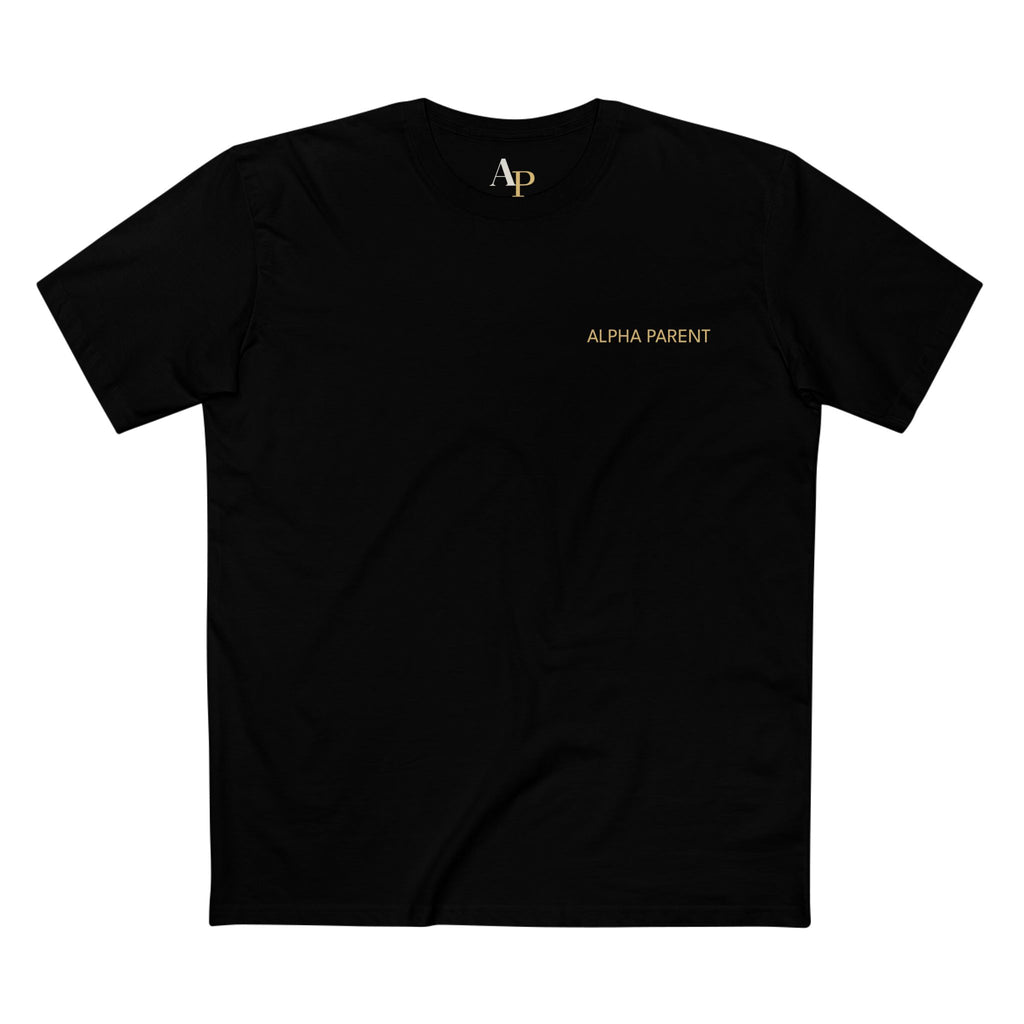 Alpha Parent Signature Tee navy close up embroidery detail minimal design