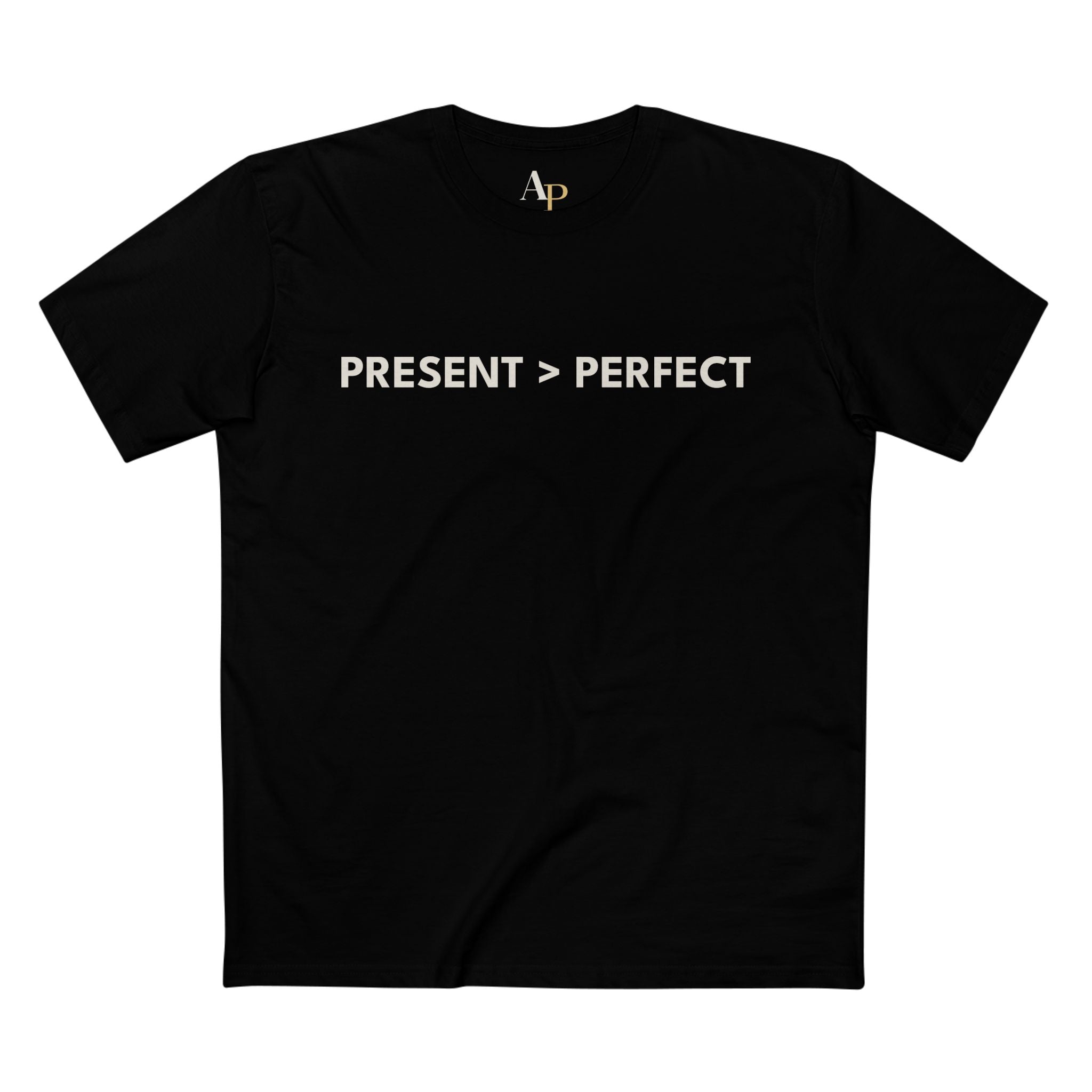 Alpha Parent Present Perfect Premium Tee flat lay black minimal fatherhood brand
